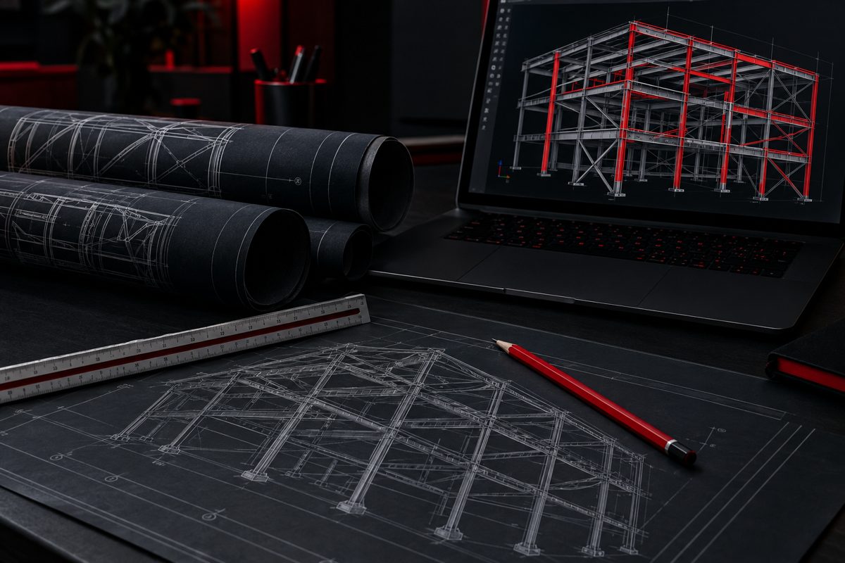 Structural engineering drawings and 3D steel frame model