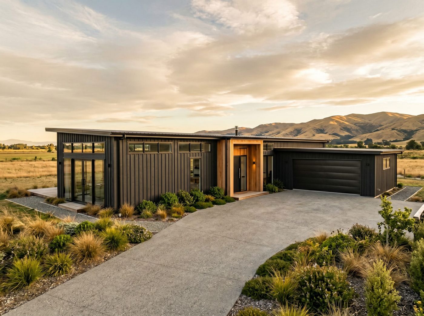 Solstice home at dusk with the Southern Alps behind